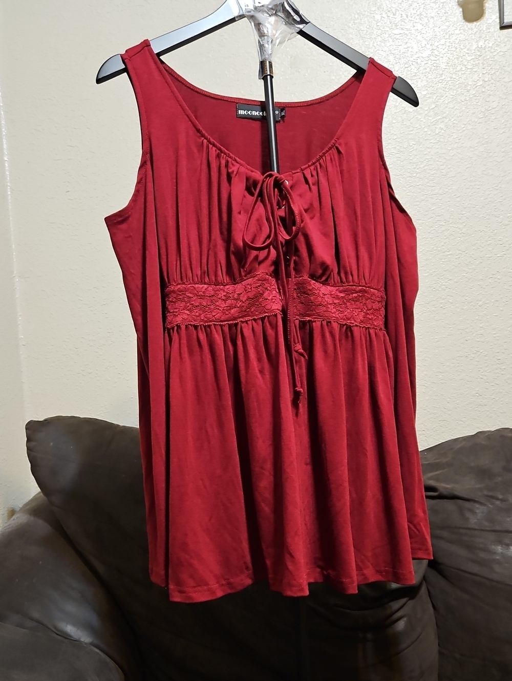 Cold Shoulder Tie-Front Lace-Trim Tank Top - Deep Red